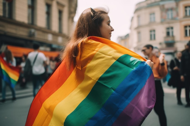 Una mujer con una bandera del arco iris sobre una calle