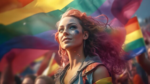 Una mujer en una bandera del arco iris