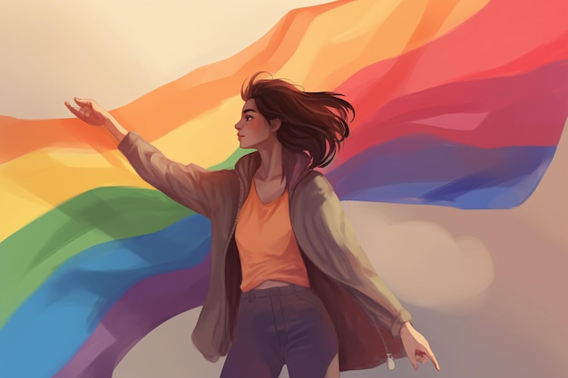 Una mujer en una bandera del arco iris