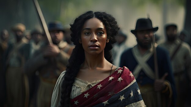 Mujer con bandera envuelta alrededor de los hombros Símbolo patriótico americano Orgullo femenino fuerte Juneteenth