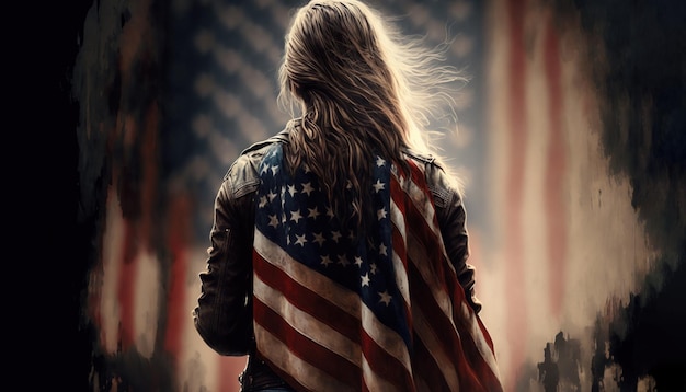 Una mujer con una bandera estadounidense en la espalda se para frente a una bandera estadounidense