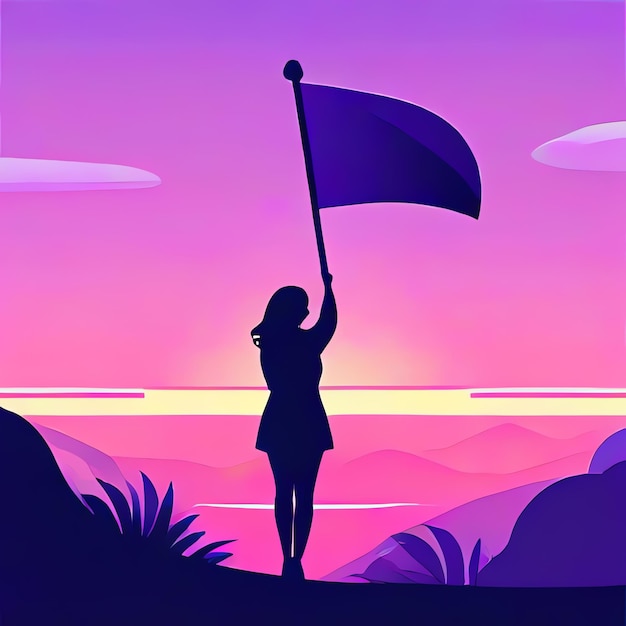 Foto mujer con una bandera púrpura día de la mujer igualdad de género