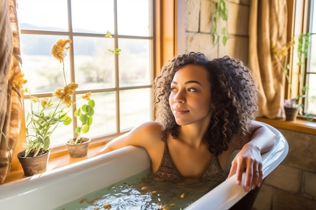 Una mujer en una bañera mirando por la ventana