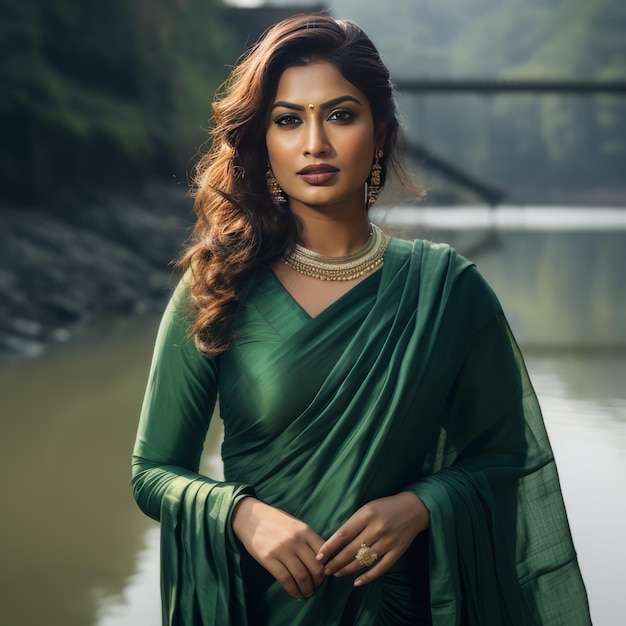 Mujer de Bangladesh con un sari entrando en el bosque del río