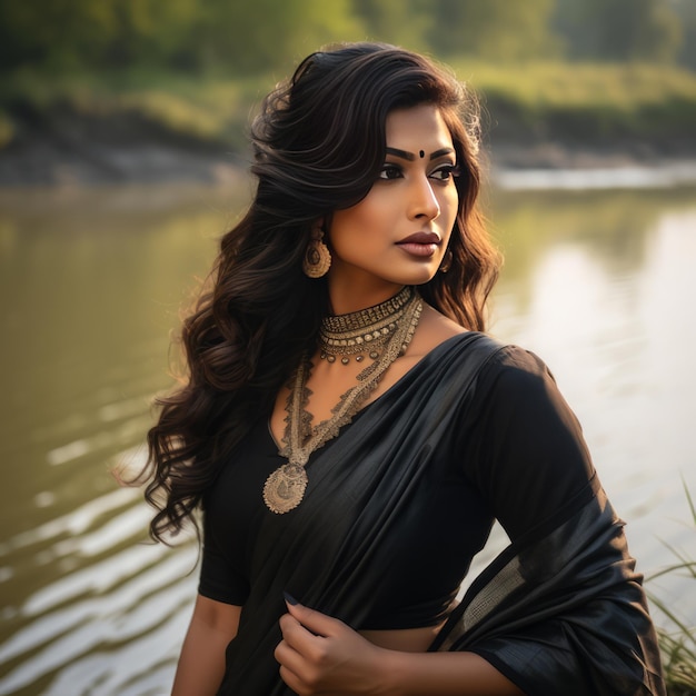 Mujer de Bangladesh con un sari entrando en el bosque del río