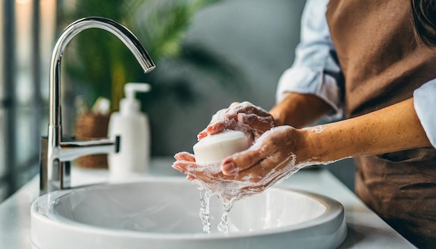 mujer en el baño limpiando las manos con jabón retratando la higiene la limpieza y la salud