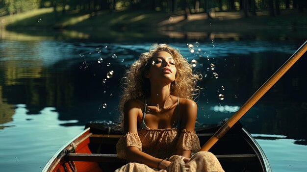 Foto una mujer en un barco con un barco y un barco con las palabras el agua en el fondo