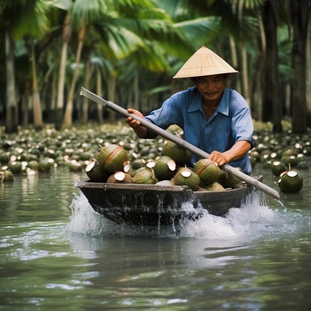 Foto una mujer en un barco con cocos en el frente