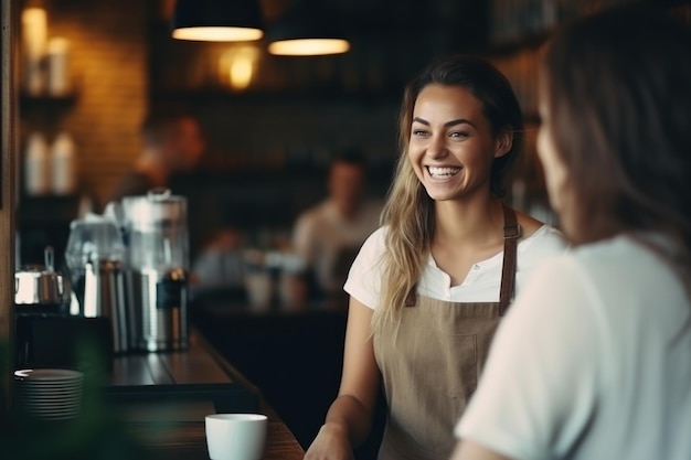 una mujer barista está hablando y dando consejos sobre beber café en una cafetería