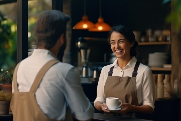 una mujer barista está hablando y dando consejos sobre beber café en una cafetería