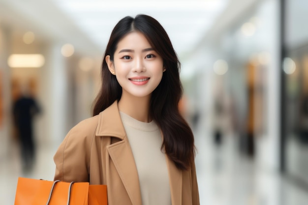 Mujer bastante asiática sonriendo y sosteniendo bolsas de compras sintiéndose feliz y disfrutando de la venta del viernes negro en el centro comercial