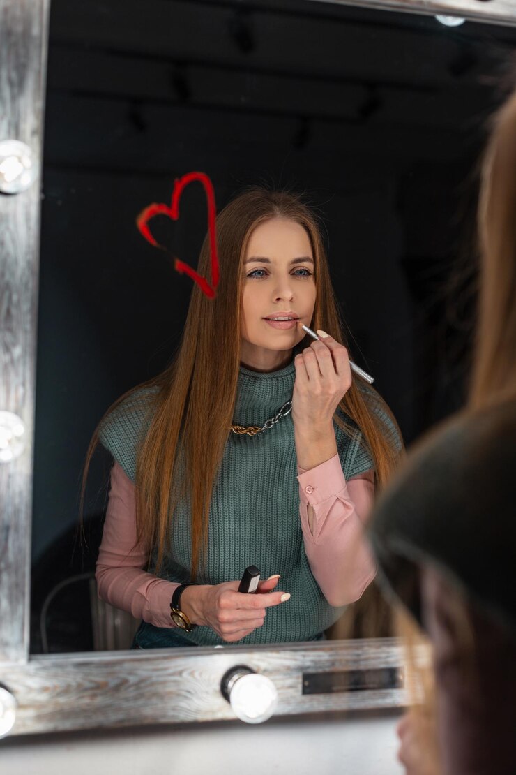 Foto mujer bastante joven con una cara linda se para cerca de un espejo vintage y se maquilla pinta los labios sobre un fondo oscuro en la habitación una chica encantadora preparándose para la fiesta