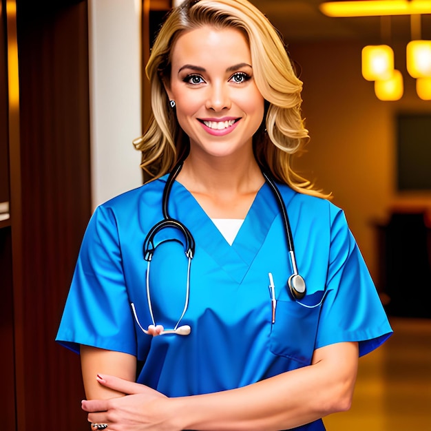Una mujer con bata azul y un estetoscopio está de pie en un pasillo.