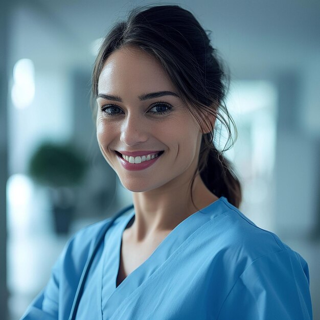 una mujer con una bata azul con una sonrisa en su cara