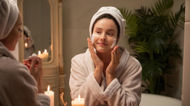 Mujer en bata de baño aplicando crema en la cara