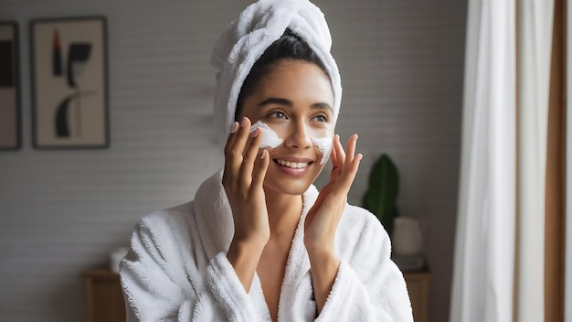 Mujer en bata de baño aplicando crema en la cara