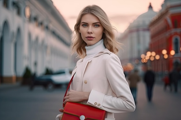 Una mujer con una bata blanca y una bolsa roja se encuentra en una calle.