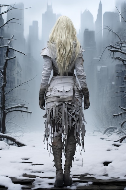 una mujer con una bata blanca caminando en un bosque nevado
