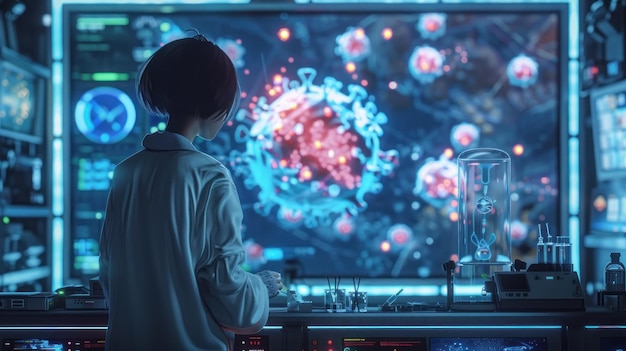 Una mujer con una bata blanca de laboratorio está mirando una pantalla de computadora con un virus en ella La escena es seria y
