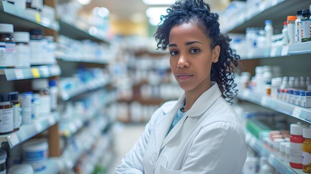 Una mujer con una bata blanca de laboratorio está de pie en un pasillo de una farmacia AI generativa