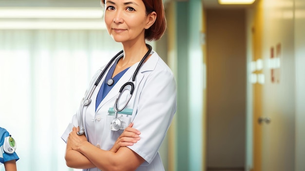 Una mujer con una bata blanca de laboratorio y un estetoscopio en el cuello se encuentra en el pasillo de un hospital.