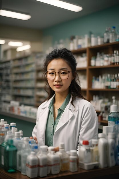 Una mujer con una bata blanca de laboratorio de pie en una farmacia