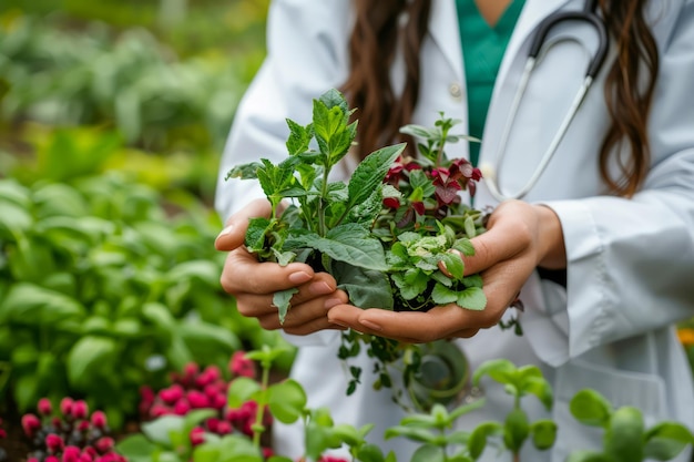 Mujer con bata blanca de laboratorio sosteniendo una variedad de hierbas frescas con estetoscopio en el fondo del invernadero