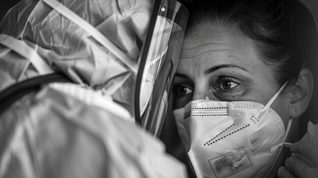 Foto una mujer con una bata de hospital lleva una máscara y un escudo facial