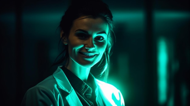 Una mujer con una bata de laboratorio azul sonríe a la cámara.