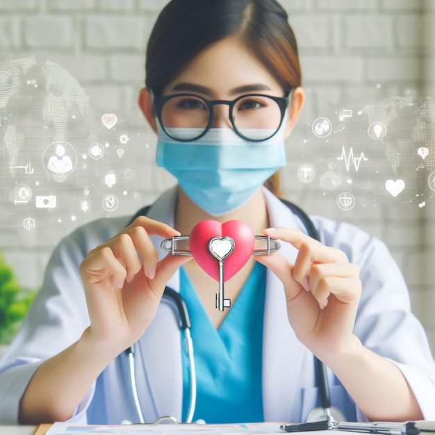 una mujer con una bata de laboratorio azul sostiene un corazón en forma de corazón con las palabras cita médica cita en él