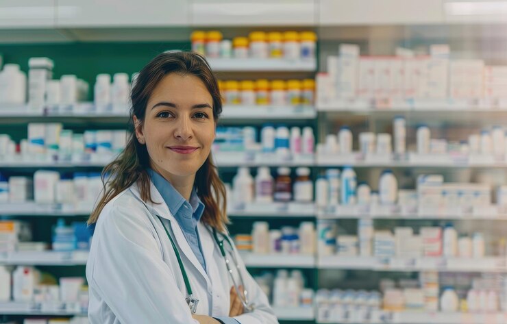 una mujer en una bata de laboratorio con una bata blanca de laboratorio y una camisa negra