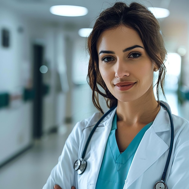 una mujer con una bata de laboratorio blanca está de pie en un corredor con un estetoscopio en el cuello