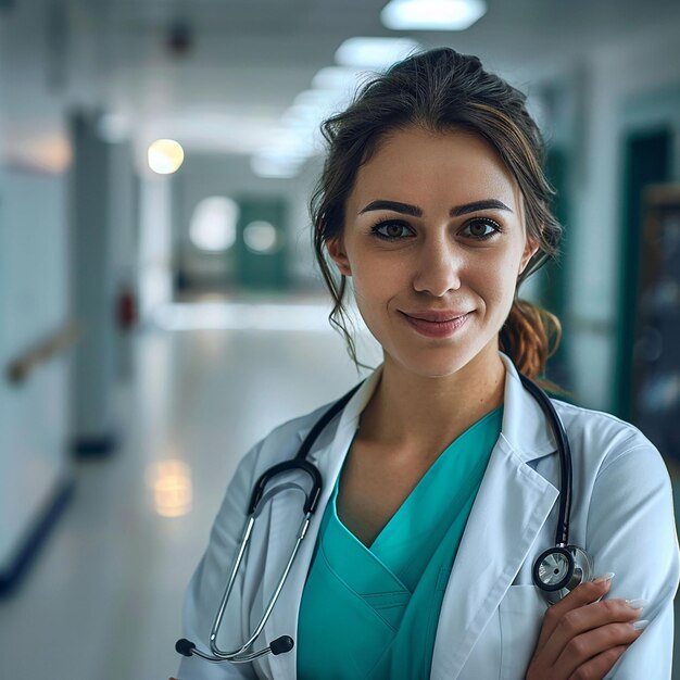 una mujer con una bata de laboratorio blanca está de pie en un pasillo con un estetoscopio alrededor de su cuello