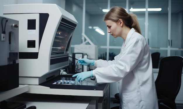 Una mujer con una bata de laboratorio blanca y guantes azules trabajando en una máquina