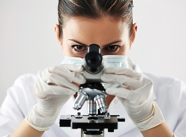 Una mujer con una bata de laboratorio blanca y guantes está mirando a través de un microscopio