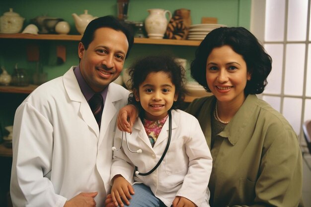 una mujer con una bata de laboratorio blanca sonríe con una niña.