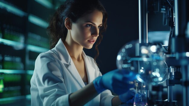 Mujer con bata de laboratorio escribiendo en un trozo de papel en un entorno de laboratorio Día de la Historia de la Mujer