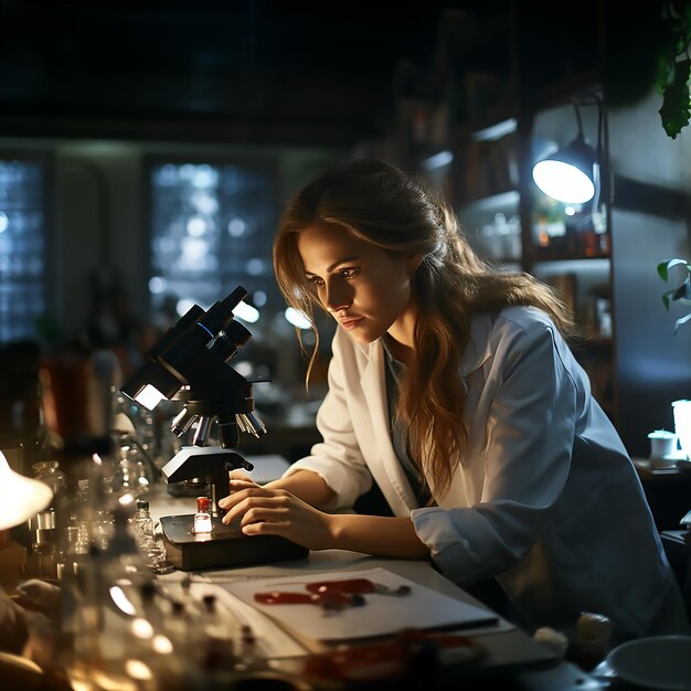 Una mujer con una bata de laboratorio está mirando un microscopio.