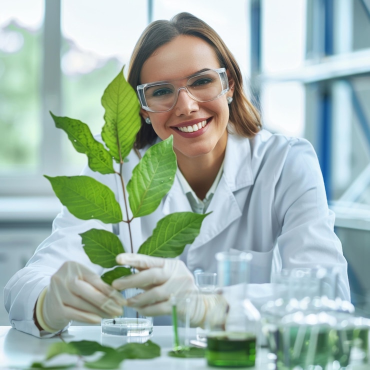 una mujer con una bata de laboratorio está sosteniendo una planta en un laboratorio