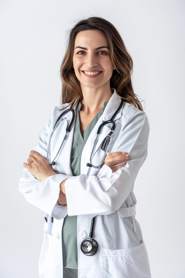 Foto una mujer con una bata de laboratorio con un estetoscopio en el cuello