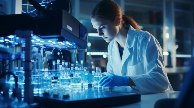 Mujer en bata de laboratorio examinando vidrio