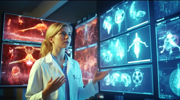 Una mujer con una bata de laboratorio se para frente a una pantalla de imágenes cerebrales.