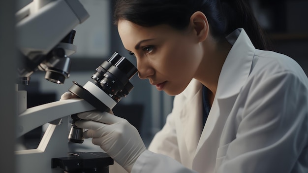 Una mujer con bata de laboratorio mira a través de un microscopio.