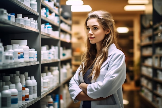 Una mujer en bata de laboratorio de Pharmacy Shelf AI