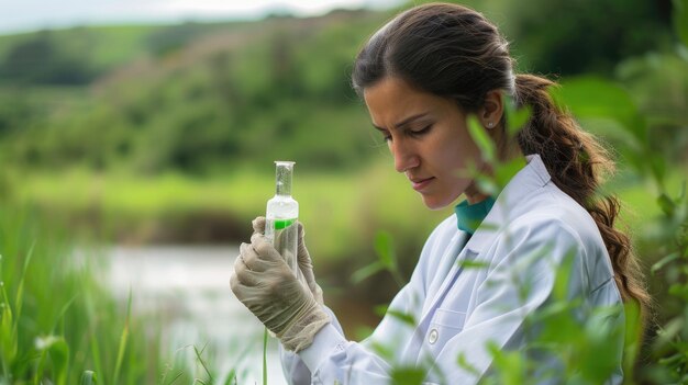 Foto una mujer con una bata de laboratorio recoge una muestra de agua del río para probarla