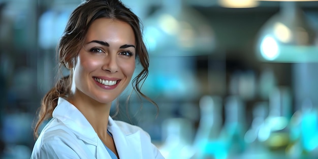 Foto una mujer con una bata de laboratorio sonríe con las cejas levantadas abrazando el momento concepto sesión de fotos profesional laboratorio estableciendo confianza sonrisa auténtica expresión positiva