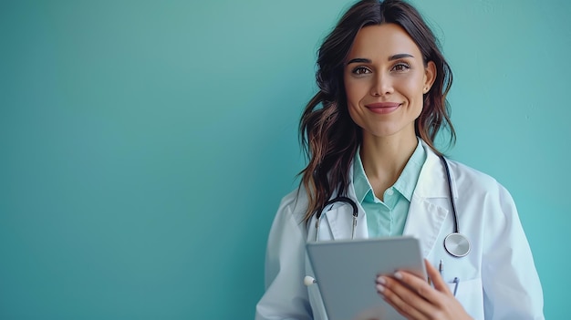 Foto una mujer en una bata de laboratorio está sosteniendo una tableta con un fondo verde