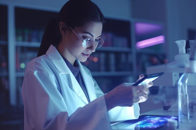 Una mujer con una bata de laboratorio usando una tableta IA generativa