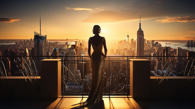 mujer en bata de lujo con vista a la ciudad