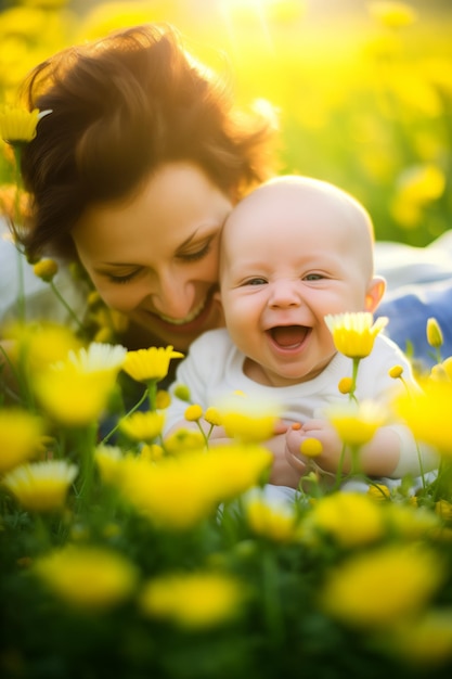 Mujer con un bebé en un campo de flores amarillas